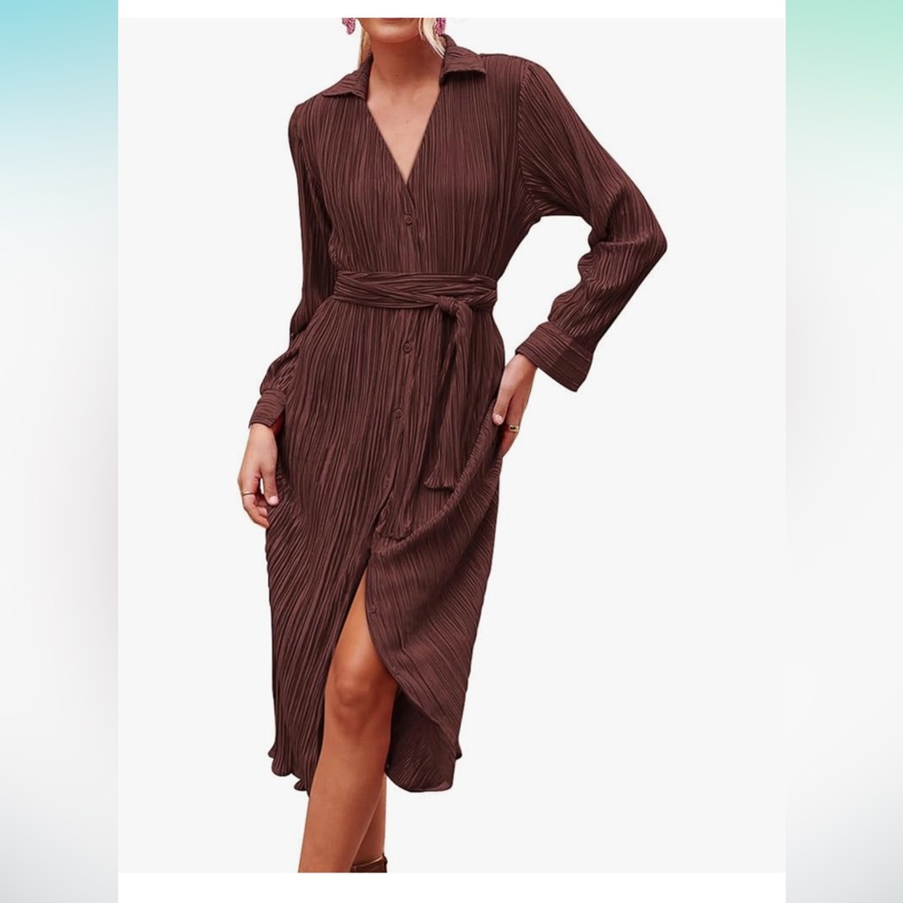 KIRUNDO Womens Long Sleeve Midi Dress Button Down Pleated V Neck Tie Waist